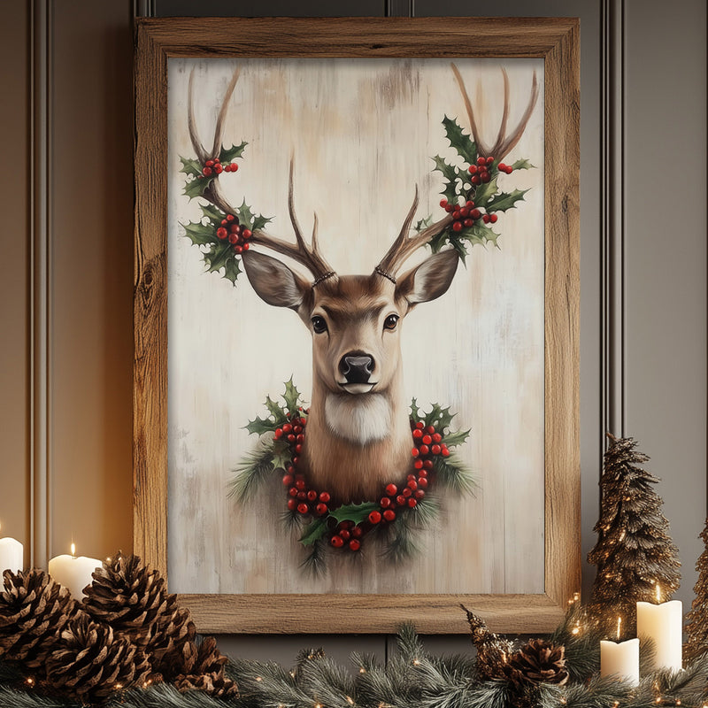 a painting of a deer with holly wreaths on its antlers