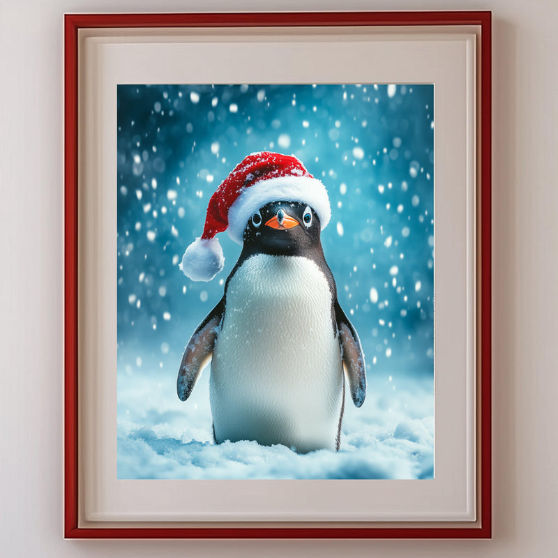 Cute Penguin Wearing a Santa Hat Christmas Wall Art Print - Available on Metal or Fine Art Paper - Designs by Linda Nee