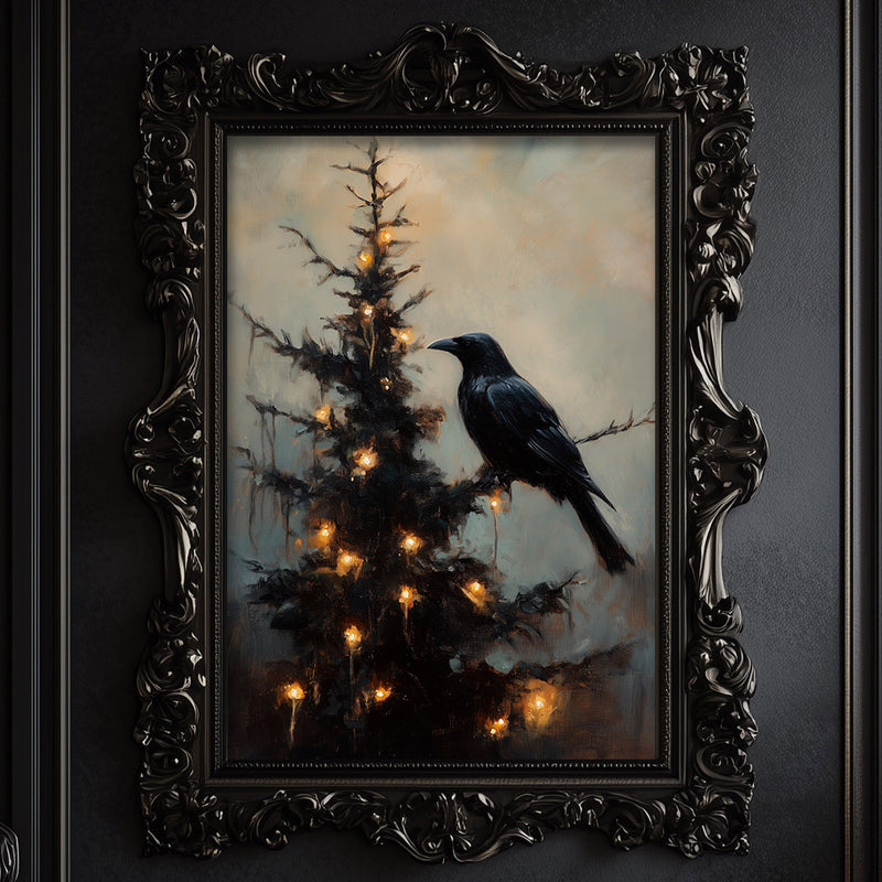 a painting of a black bird sitting on a christmas tree