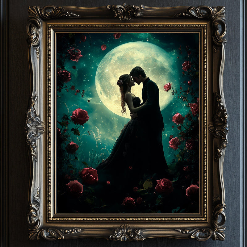 Celestial Dark Romance Couple Wall Art Print - Available on Metal or Fine Art Paper - Designs by Linda Nee