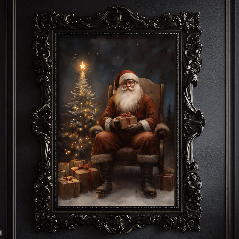 a painting of a santa sitting in a chair with a christmas tree in the background