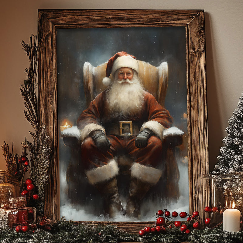 a painting of a santa clause sitting in a chair