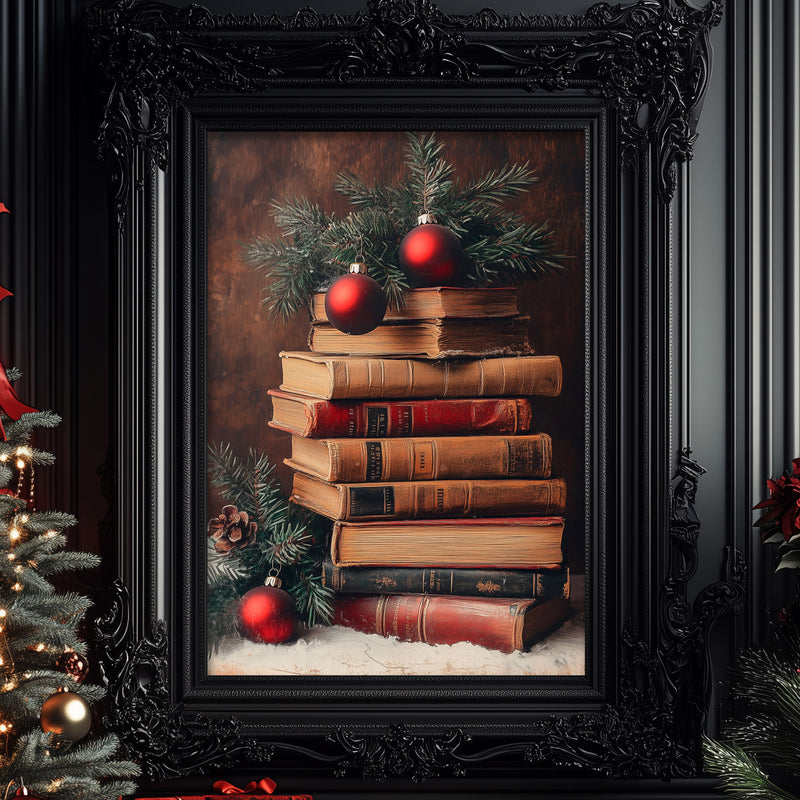 a painting of a stack of books with christmas decorations