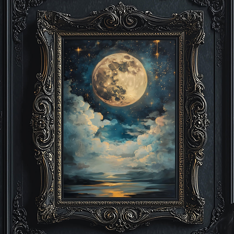 Dark Academia Celestial Full Moon Wall Art Print - Available on Metal or Fine Art Paper - Designs by Linda Nee