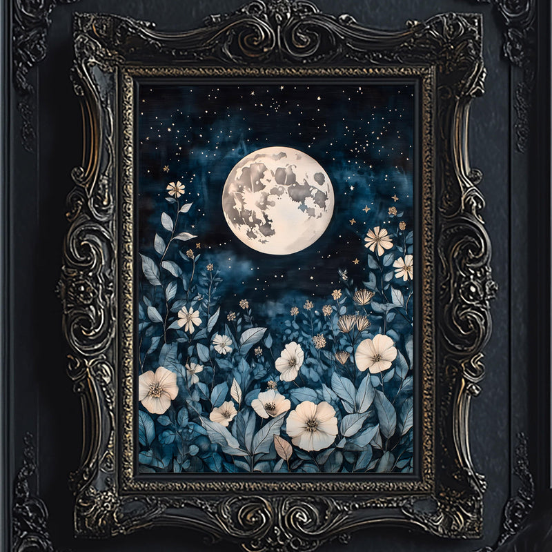 Full Moon Celestial Botanical Wall Art Print - Available on Metal or Fine Art Paper - Designs by Linda Nee