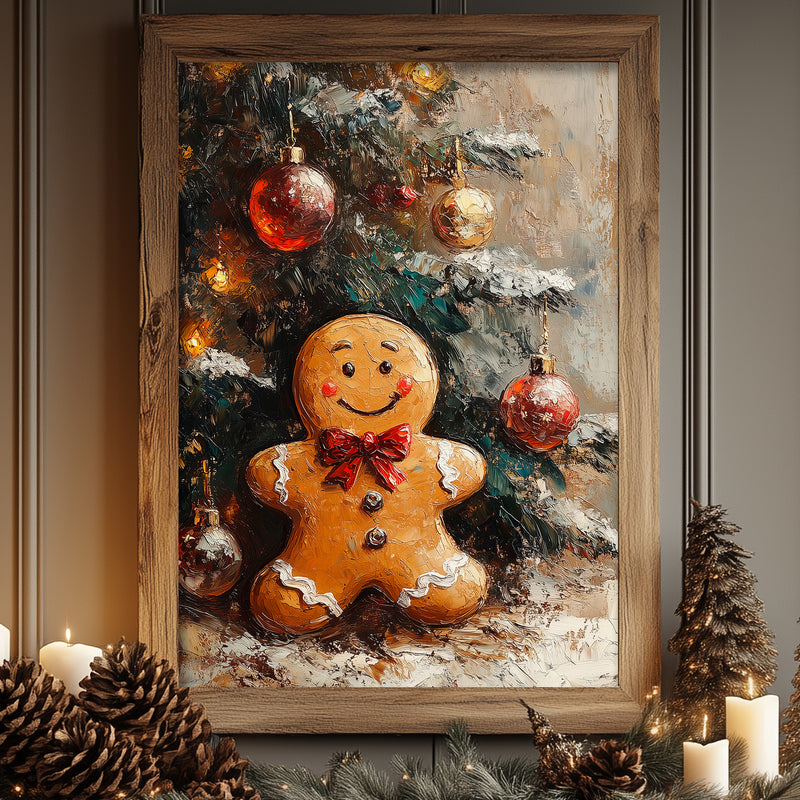 a painting of a gingerbread man in front of a christmas tree