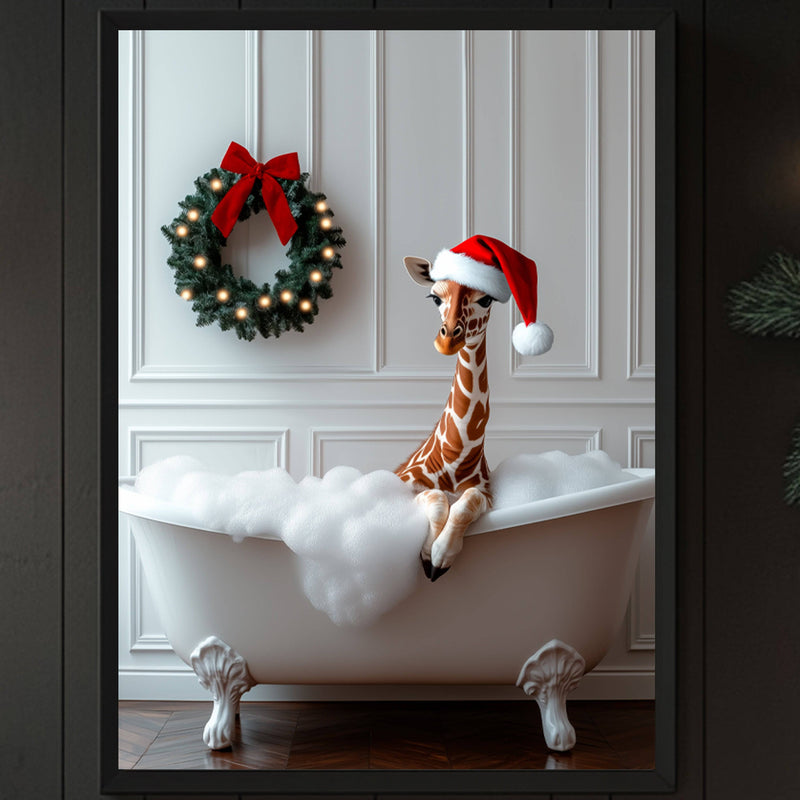 Cute Giraffe Wearing a Santa Hat in Tub Christmas Bathroom Wall Art Print - Available on Metal or Fine Art Paper - Designs by Linda Nee