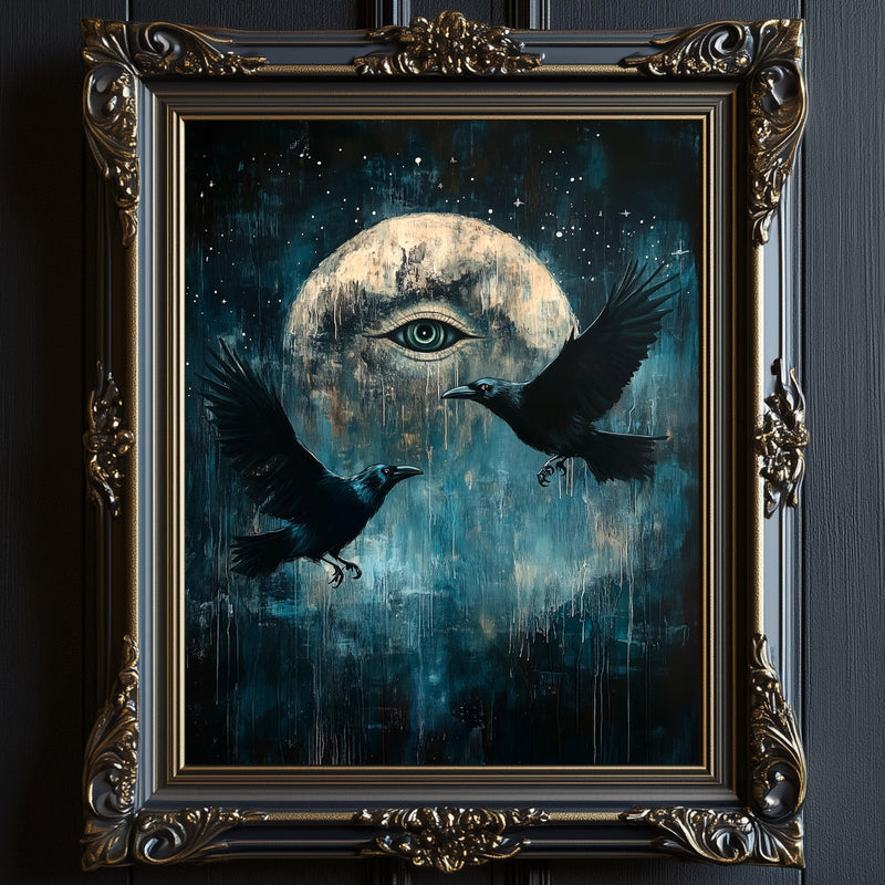 All Seeing Eye Art Celestial Full Moon with Ravens Wall Art Print - Available on Metal or Fine Art Paper - Designs by Linda Nee