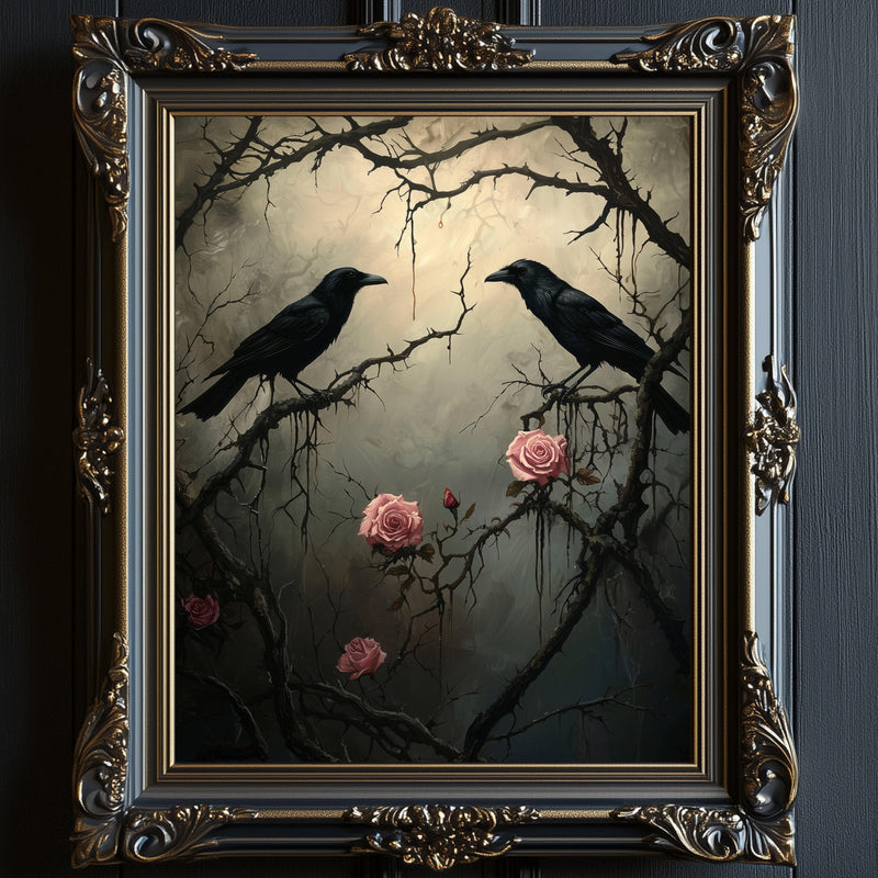 Gothic Romantic Raven Couple in Dark Forest Inspired by Edgar Allan Poe Wall Art Print - Available on Metal or Fine Art Paper - Designs by Linda Nee