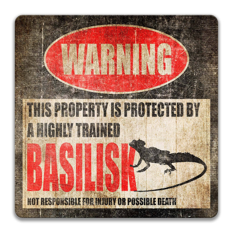 Metal Basilisk Warning Sign - Lizard Sign - Available in Multiple Sizes - Indoor and Outdoor Use - Designs by Linda Nee