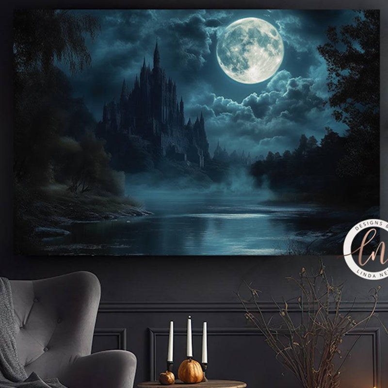 Gothic Castle Moonlit Night Wall Art Print - Available on Metal or Fine Art Paper - Designs by Linda Nee