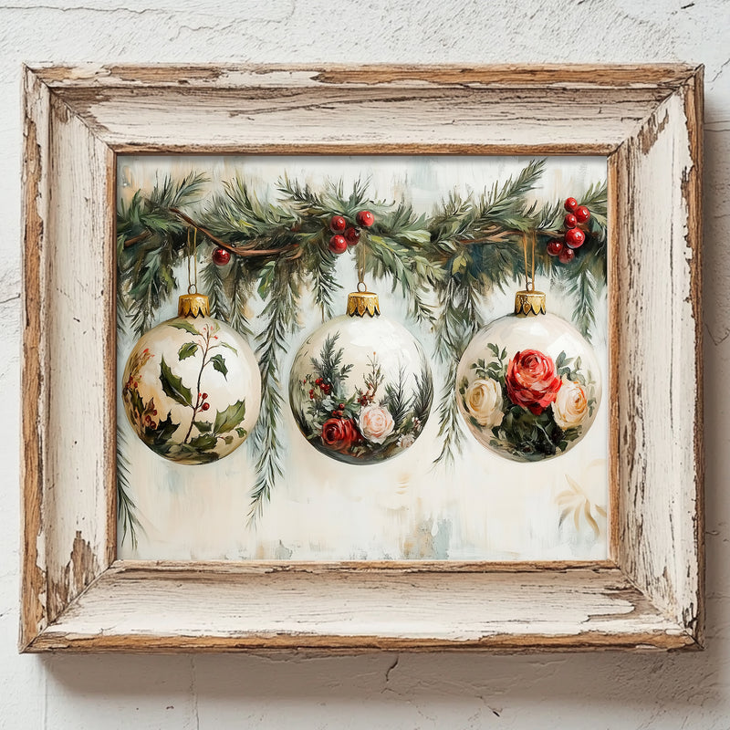 a painting of three ornaments hanging on a wall