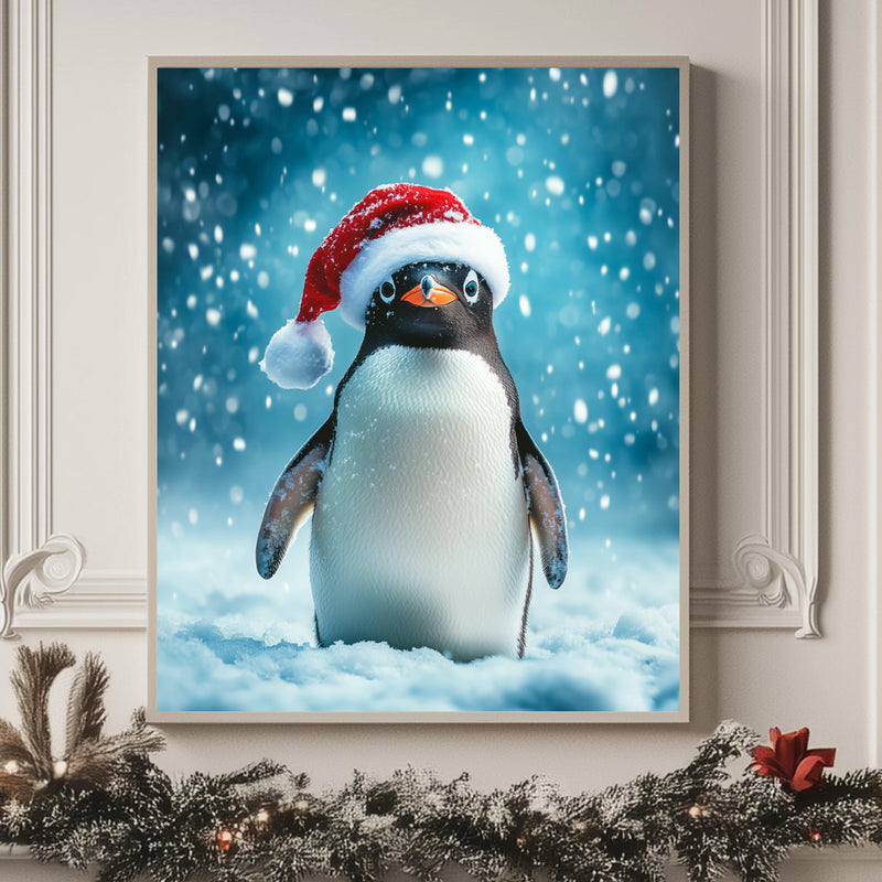 Cute Penguin Wearing a Santa Hat Christmas Wall Art Print - Available on Metal or Fine Art Paper - Designs by Linda Nee