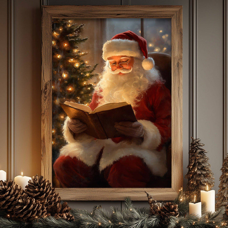 Vintage Santa Reading Twas the Night Before Christmas Oil Painting Wall Art Print - Available on Metal or Fine Art Paper - Designs by Linda Nee