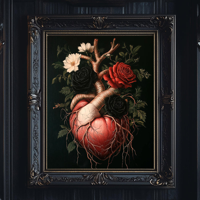 Dark Academia Human Anatomical Heart with Roses Dark Academia Wall Art Print - Available on Metal or Fine Art Paper - Designs by Linda Nee