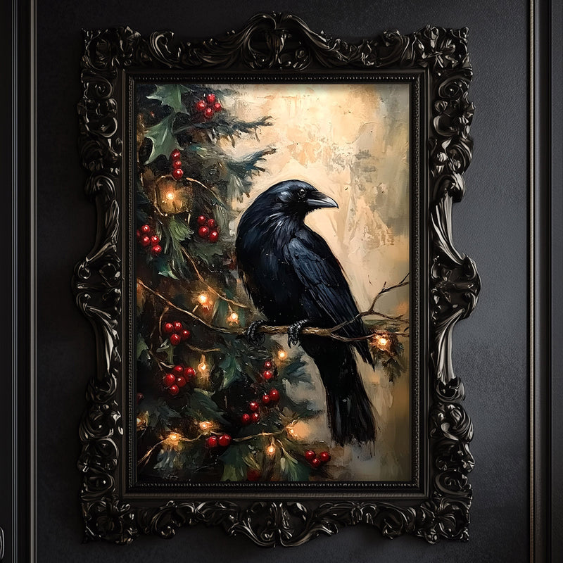 a painting of a black bird sitting on a branch