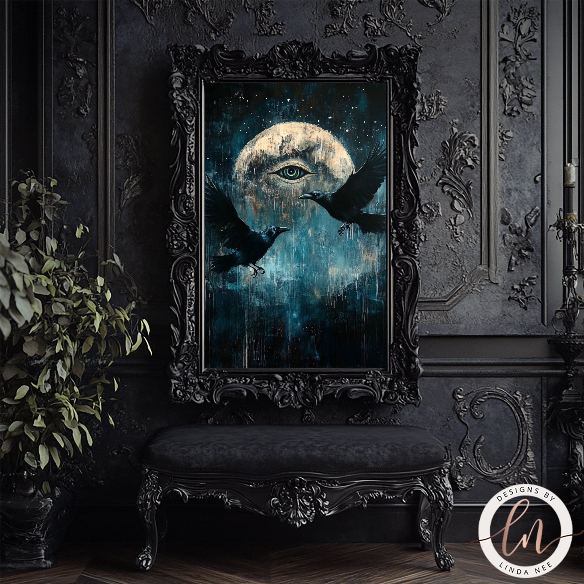 All Seeing Eye Art Celestial Full Moon with Ravens Wall Art Print - Available on Metal or Fine Art Paper