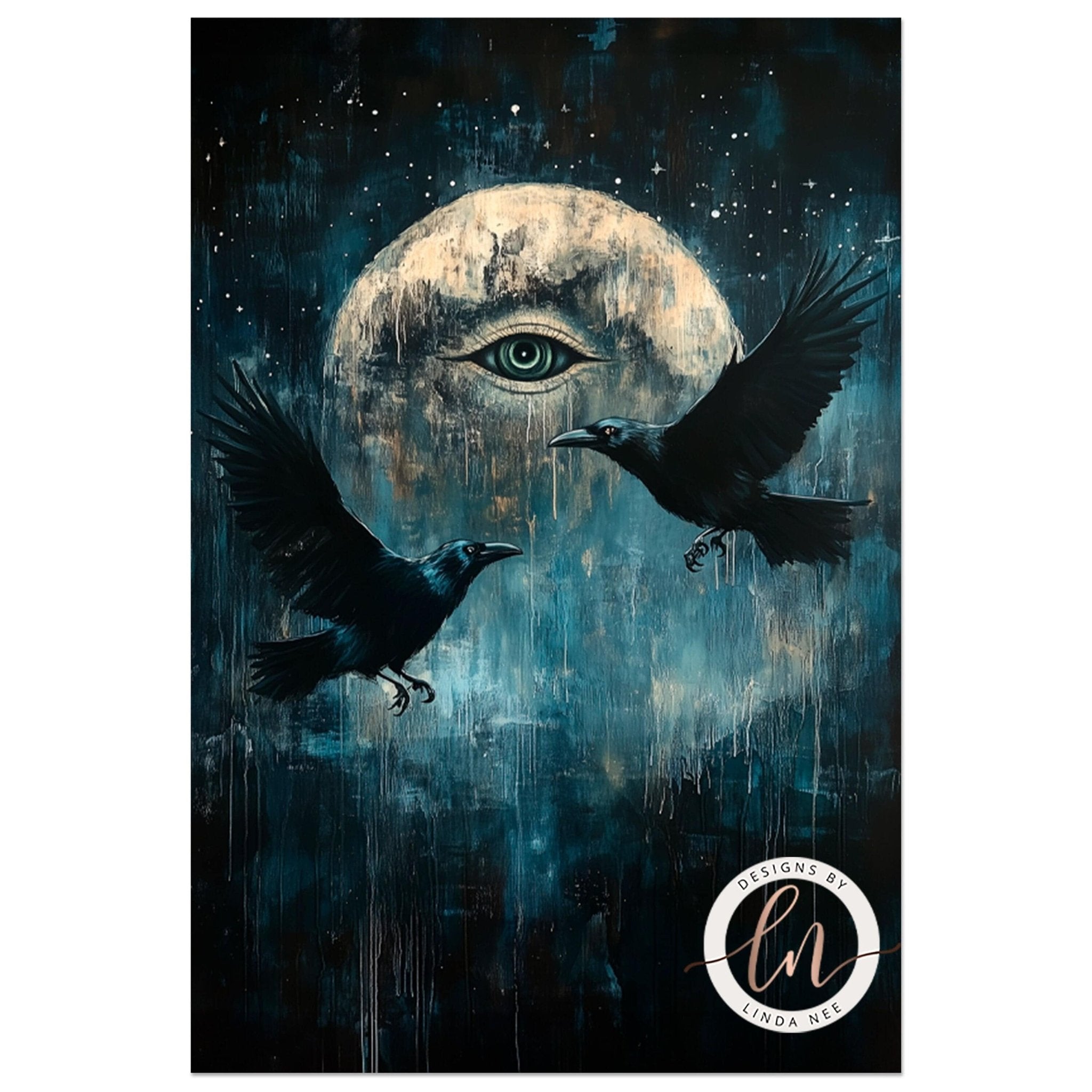 All Seeing Eye Art Celestial Full Moon with Ravens Wall Art Print - Available on Metal or Fine Art Paper