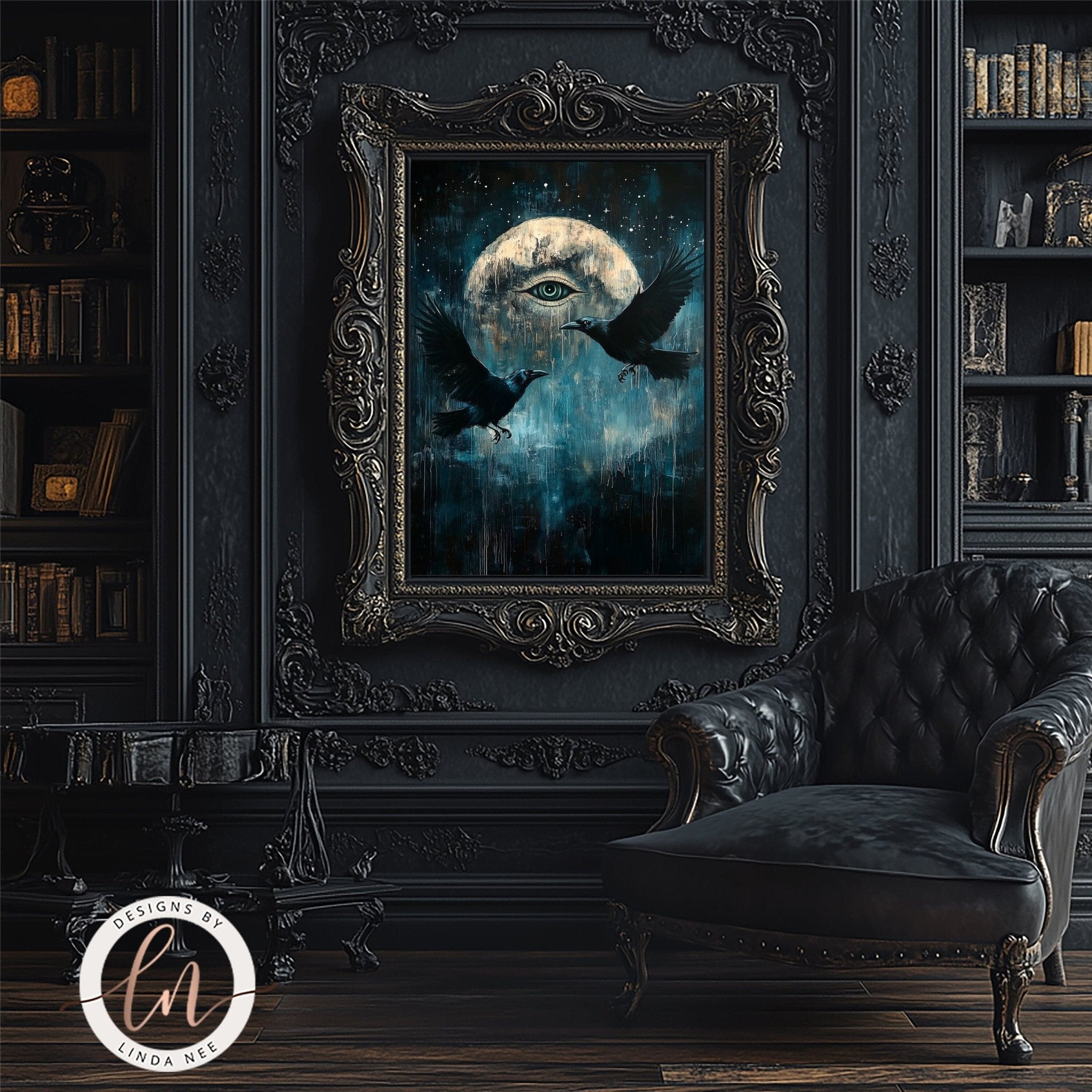 All Seeing Eye Art Celestial Full Moon with Ravens Wall Art Print - Available on Metal or Fine Art Paper