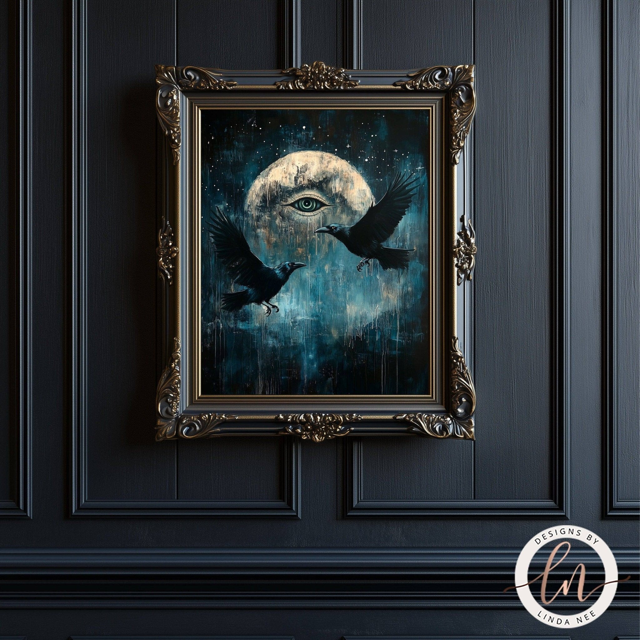 All Seeing Eye Art Celestial Full Moon with Ravens Wall Art Print - Available on Metal or Fine Art Paper