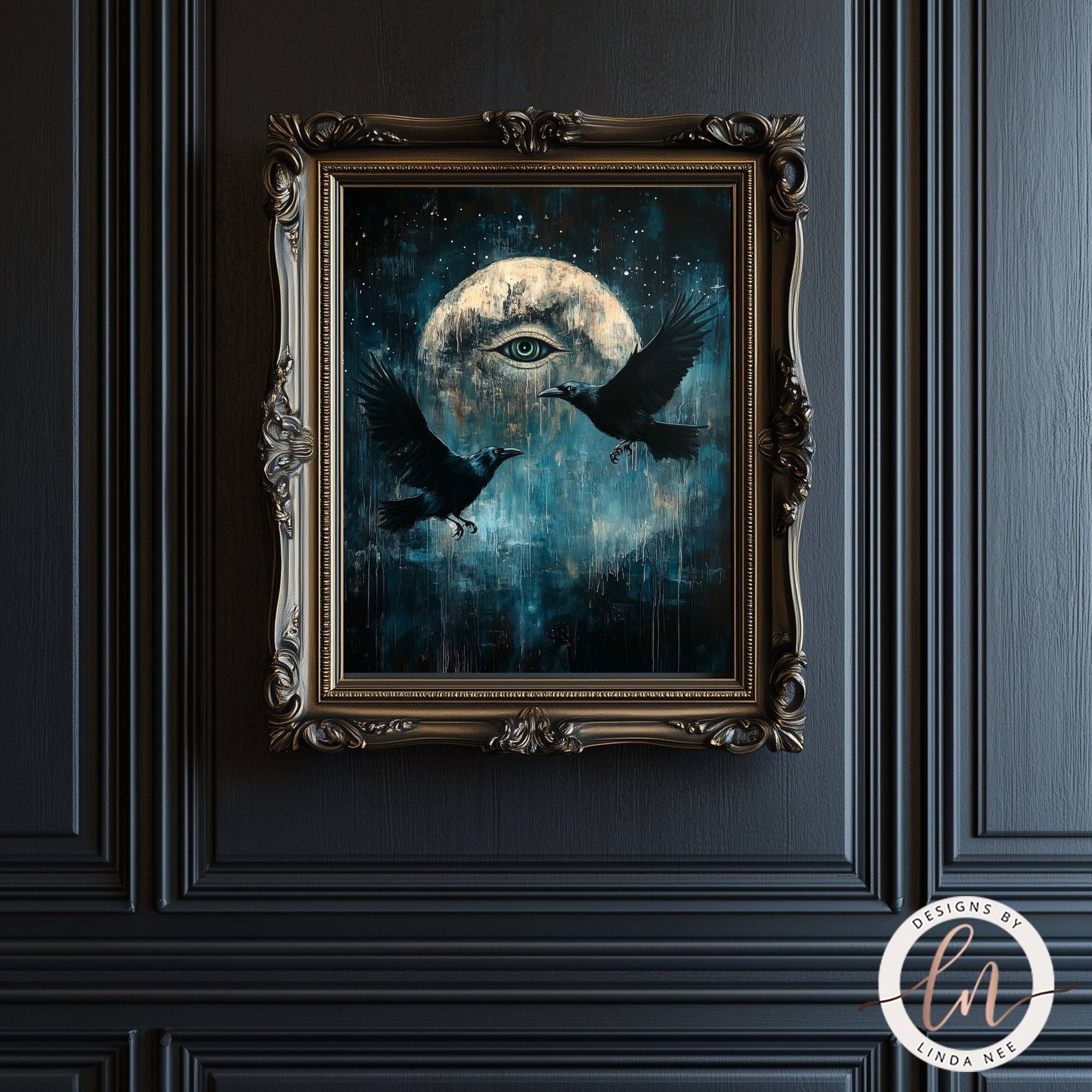 All Seeing Eye Art Celestial Full Moon with Ravens Wall Art Print - Available on Metal or Fine Art Paper