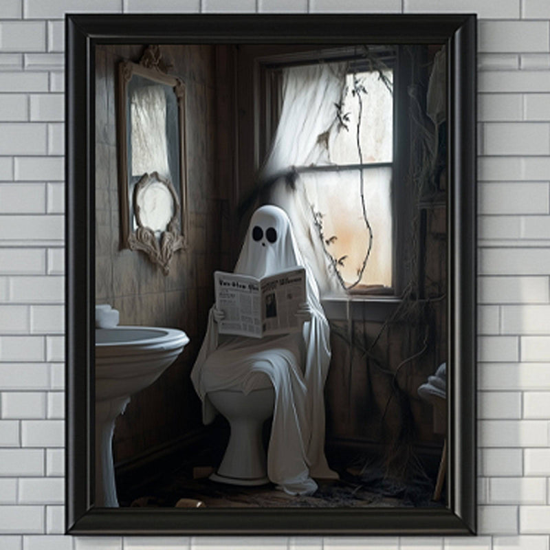 Ghost on Toilet in Bathroom Reading Newspaper Wall Art Print - Available on Metal or Fine Art Paper - Designs by Linda Nee