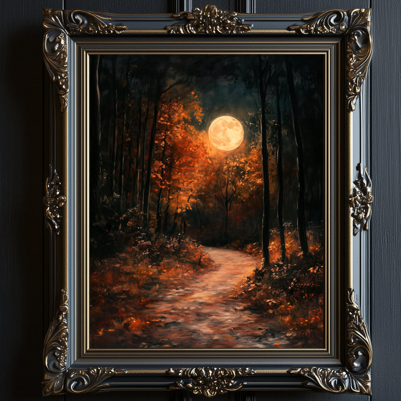 Autumn Full Moon Dark Forest Wall Art Print - Available on Metal or Fine Art Paper - Designs by Linda Nee