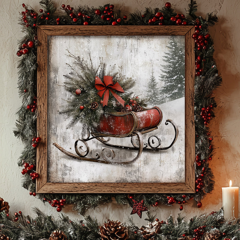 a painting of a sleigh with a red bow on it