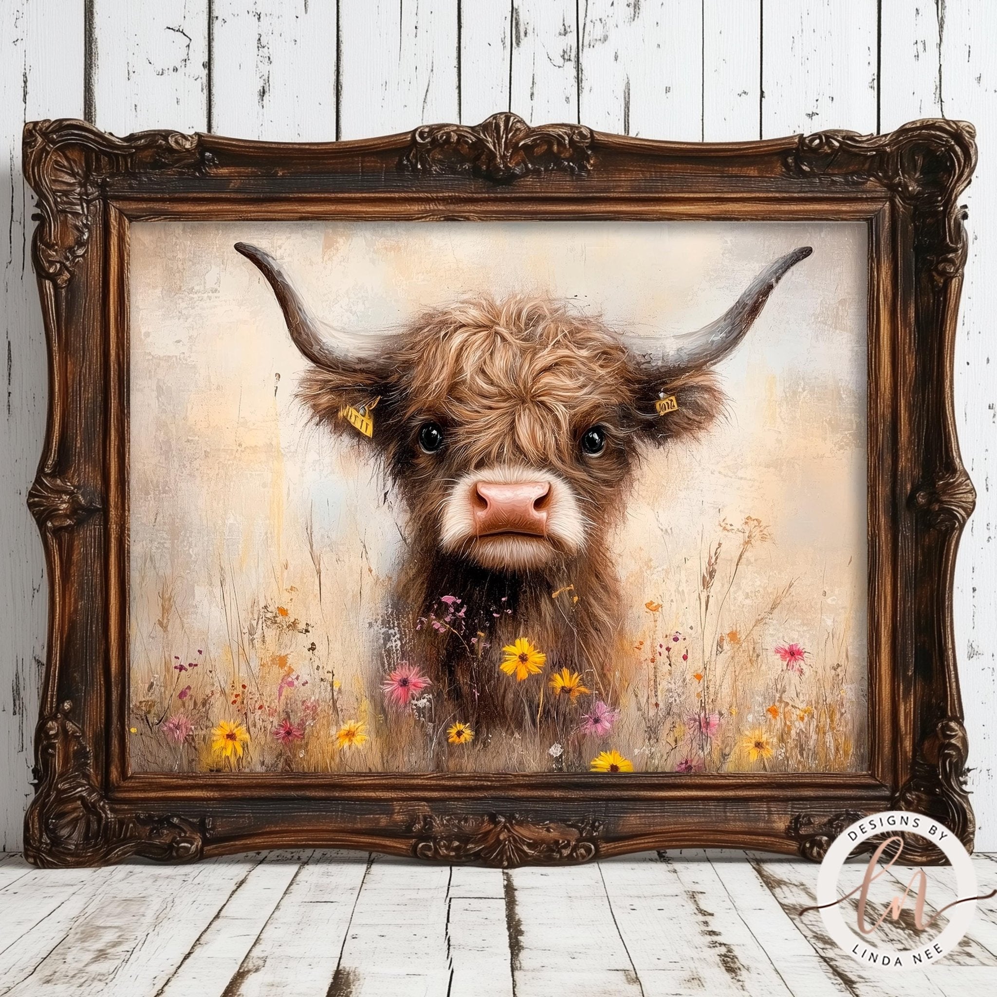 Baby Cow in Wildflowers Print