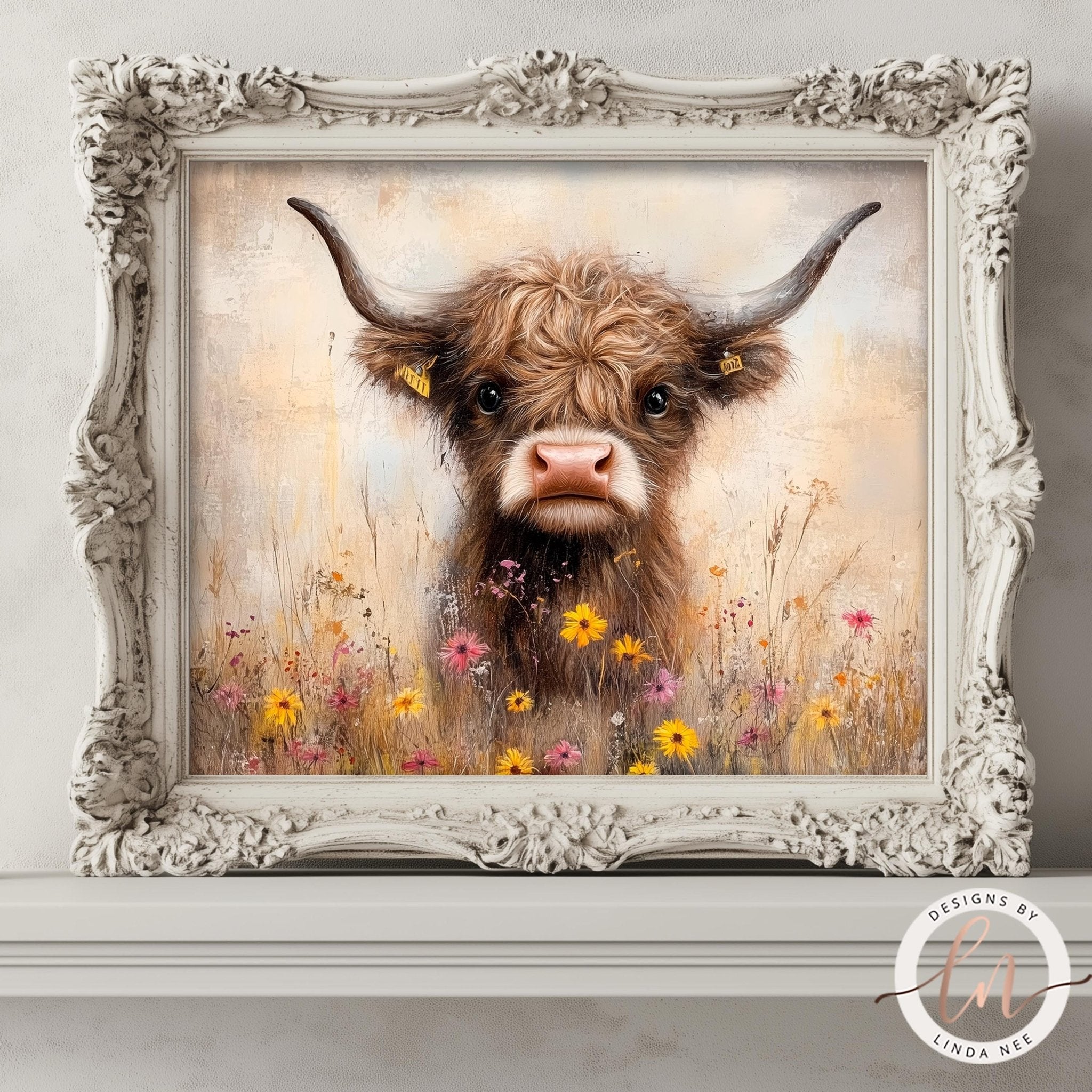 Baby Cow in Wildflowers Print