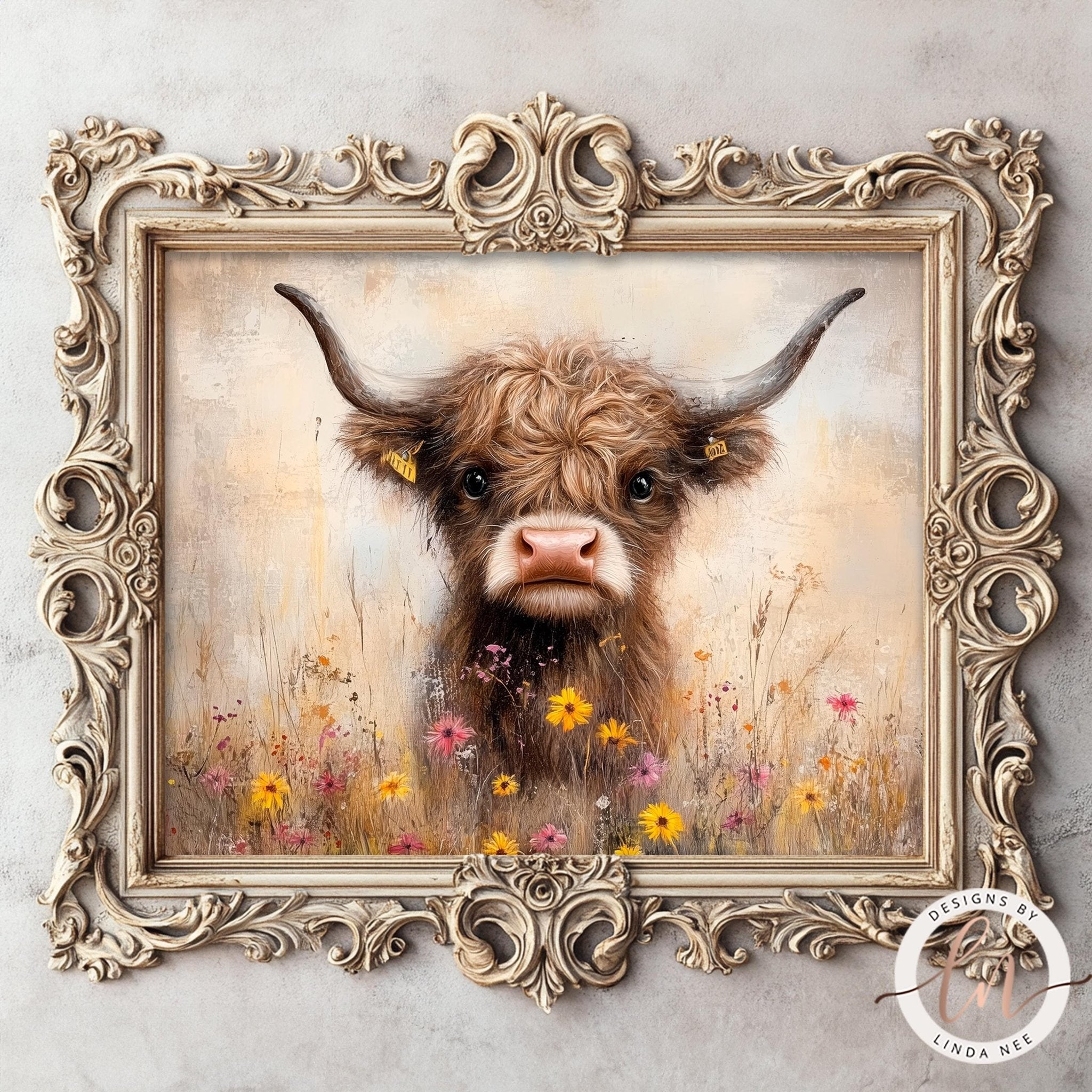 Baby Cow in Wildflowers Print