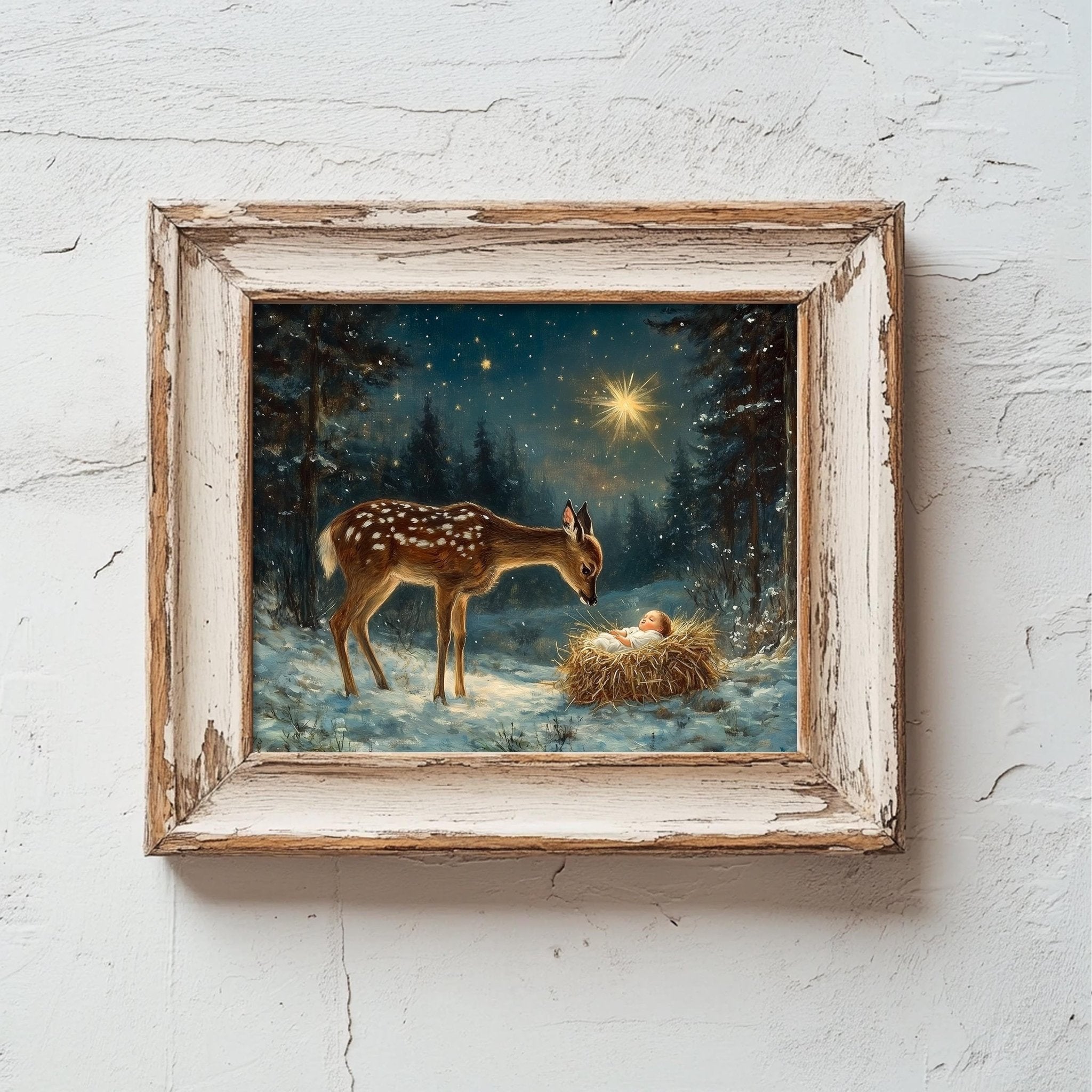 Baby Jesus and Deer Nativity Print - Religious Christmas Art