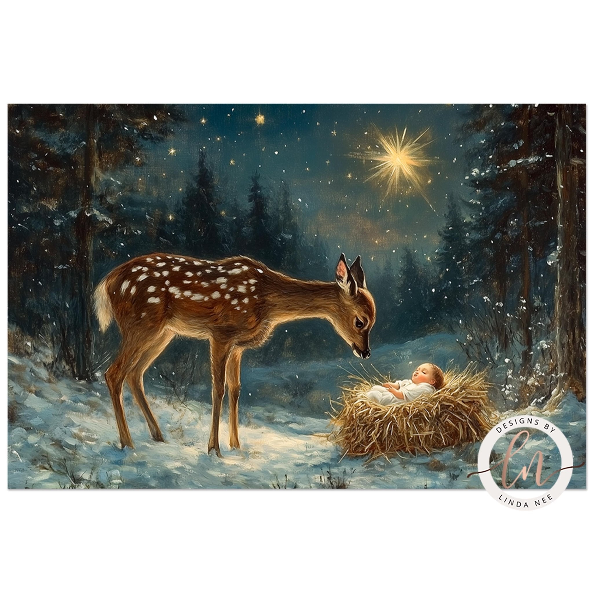 Baby Jesus and Deer Nativity Print - Religious Christmas Art