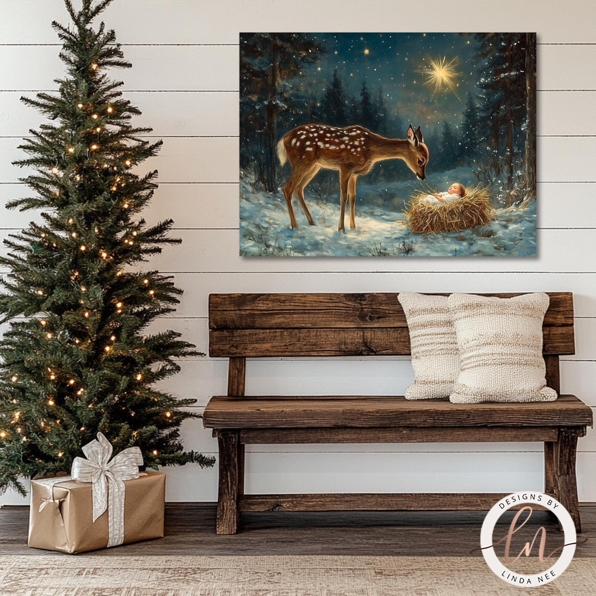 Baby Jesus and Deer Nativity Print - Religious Christmas Art