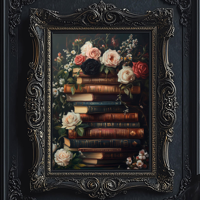 Dark Academia Vintage Stack of Books Gothic Wall Art Print - Available on Metal or Fine Art Paper - Designs by Linda Nee