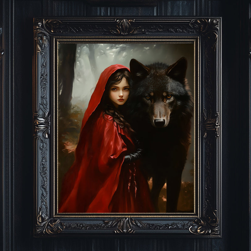 a painting of a girl and a wolf in a frame