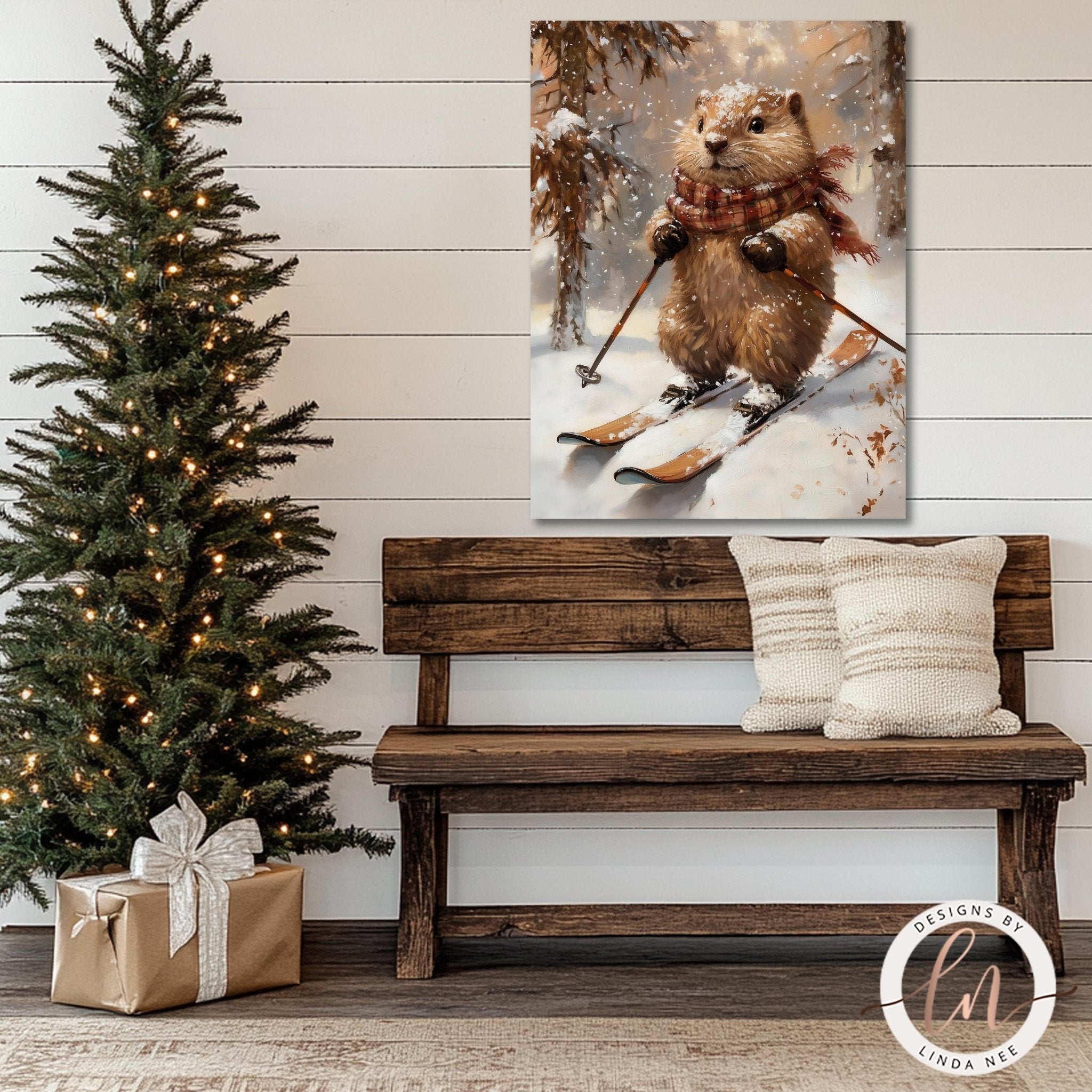 Beaver Skiing Art - Metal & Fine Print for Winter Decor