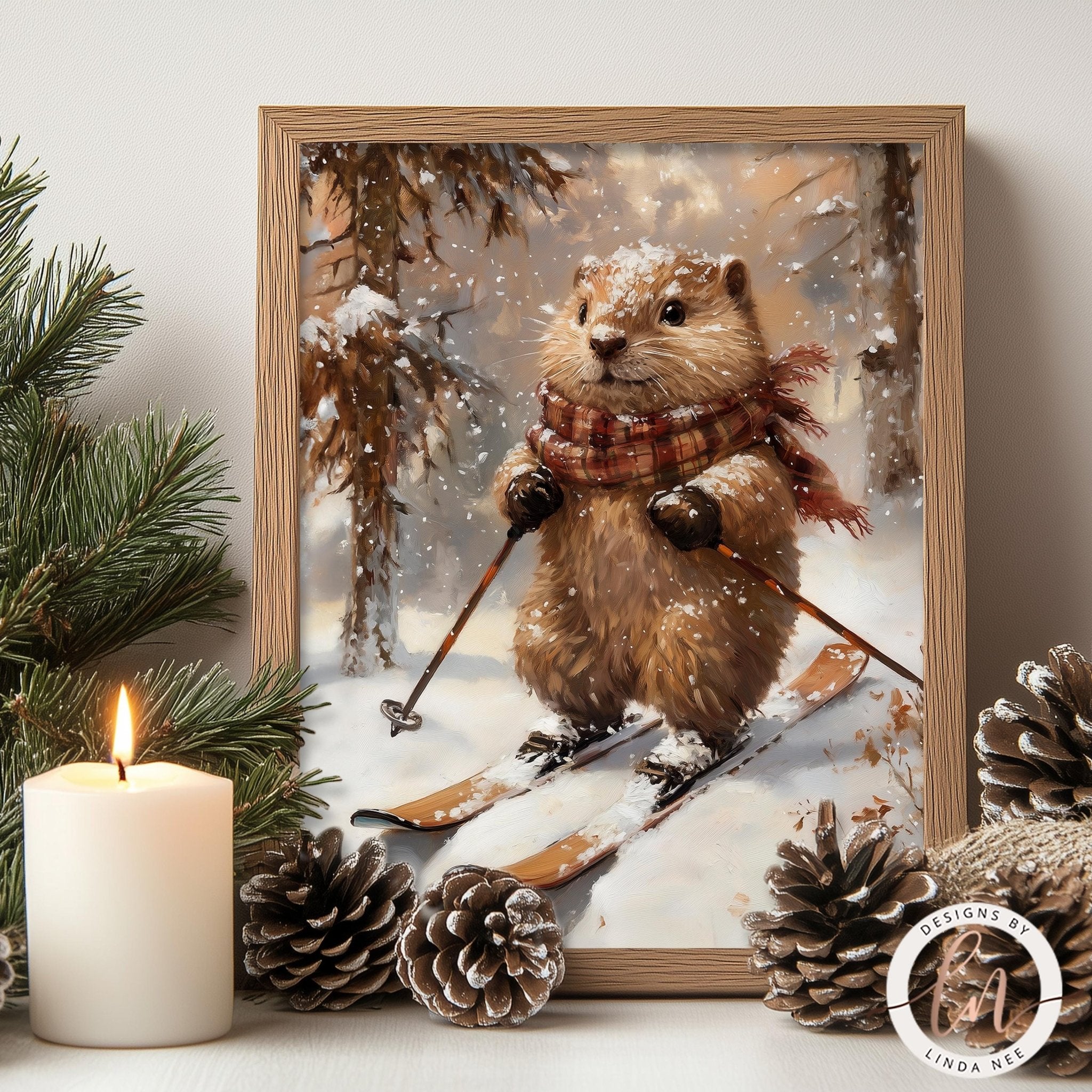 Beaver Skiing Art - Metal & Fine Print for Winter Decor