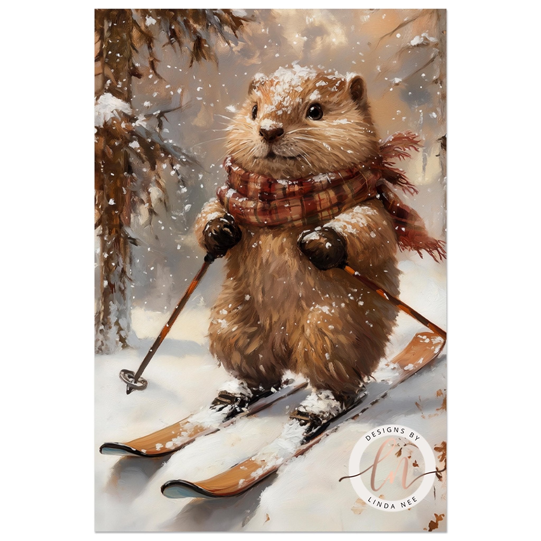 Beaver Skiing Art - Metal & Fine Print for Winter Decor