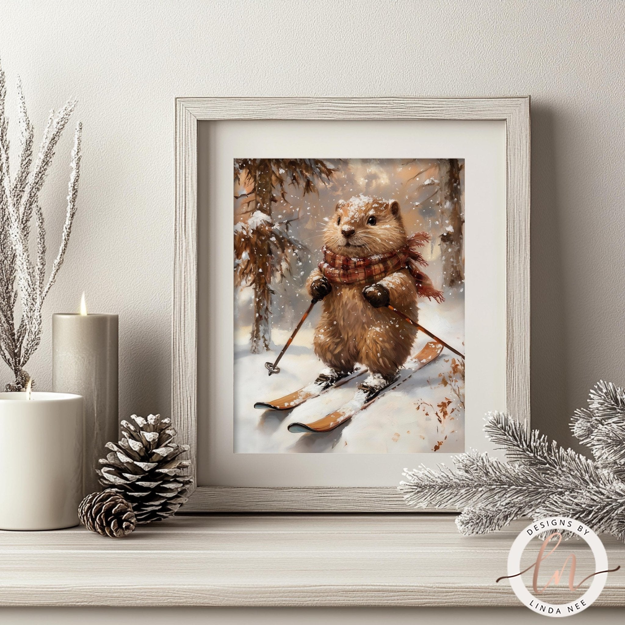 Beaver Skiing Art - Metal & Fine Print for Winter Decor