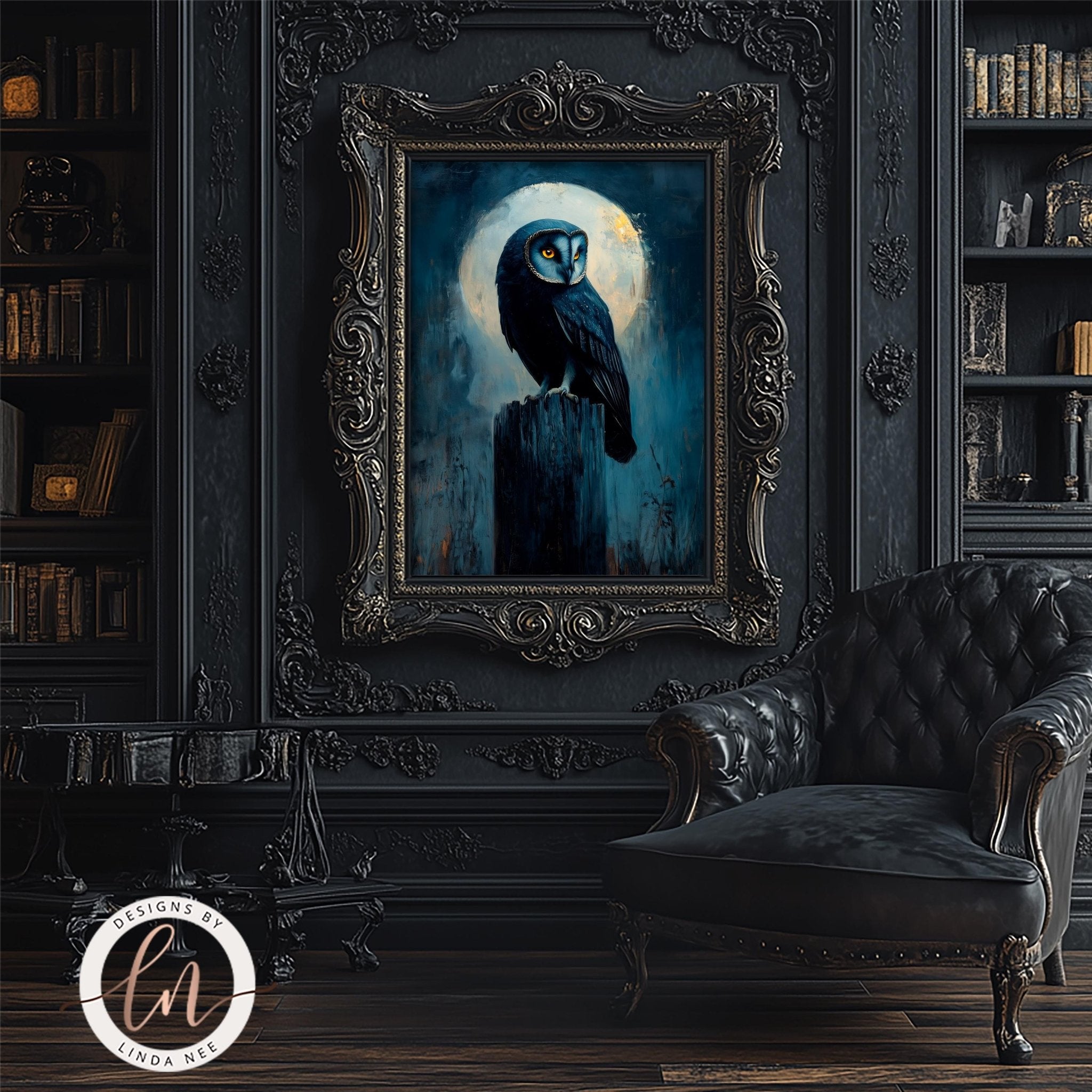 Black Barn Owl Moon Art