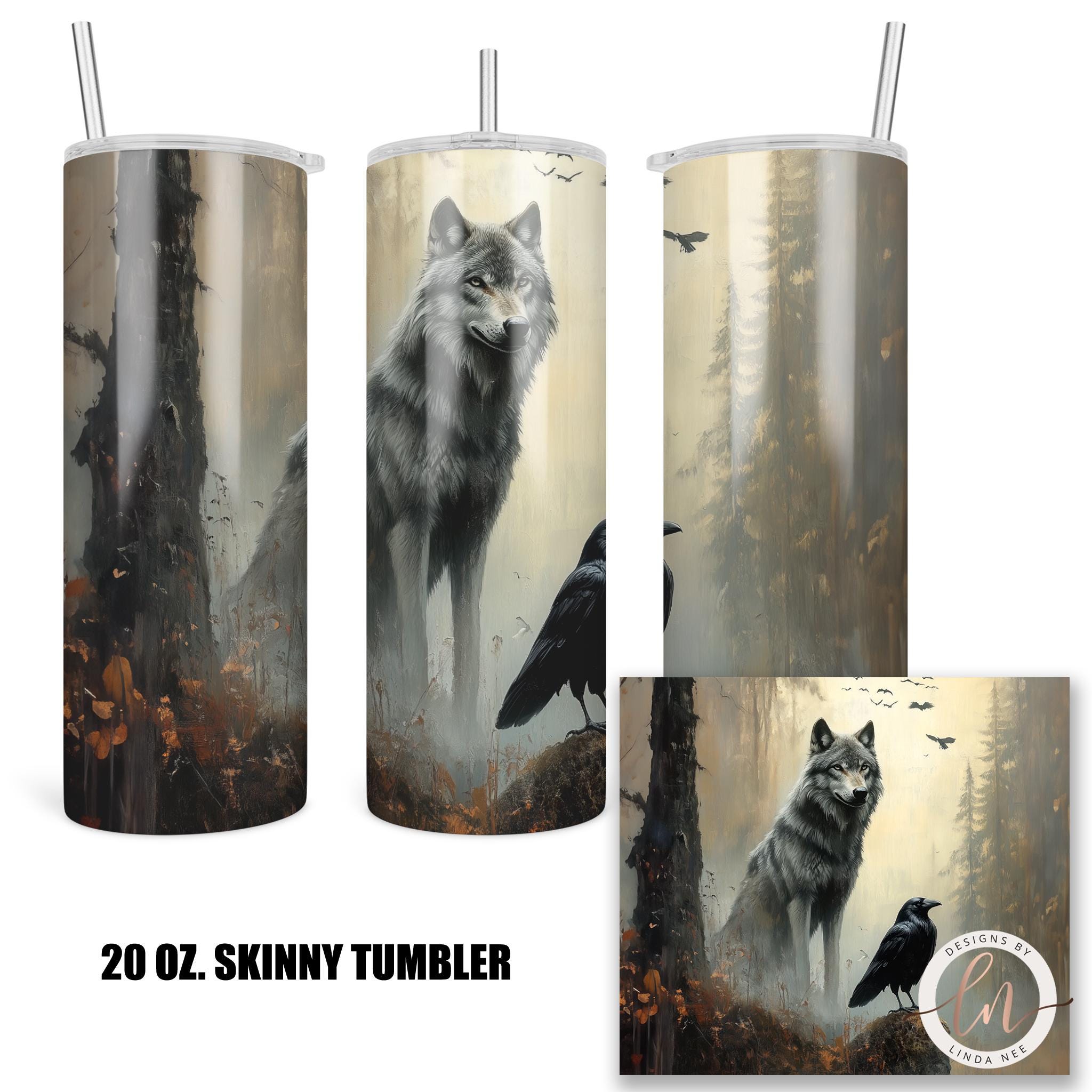 Black Wolf & Raven Tumbler - Gothic Norse Mythology Gift