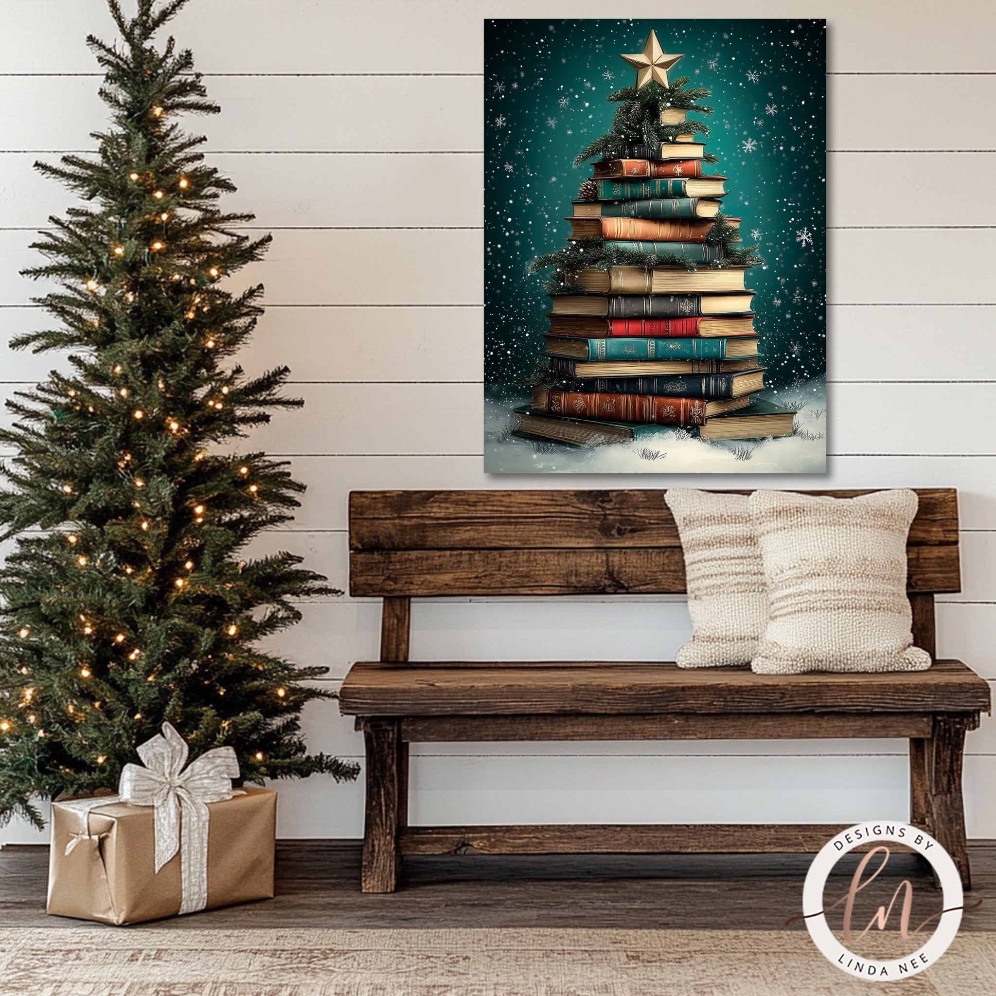 Book Christmas Tree Print - Dark Academia Library Wall Art