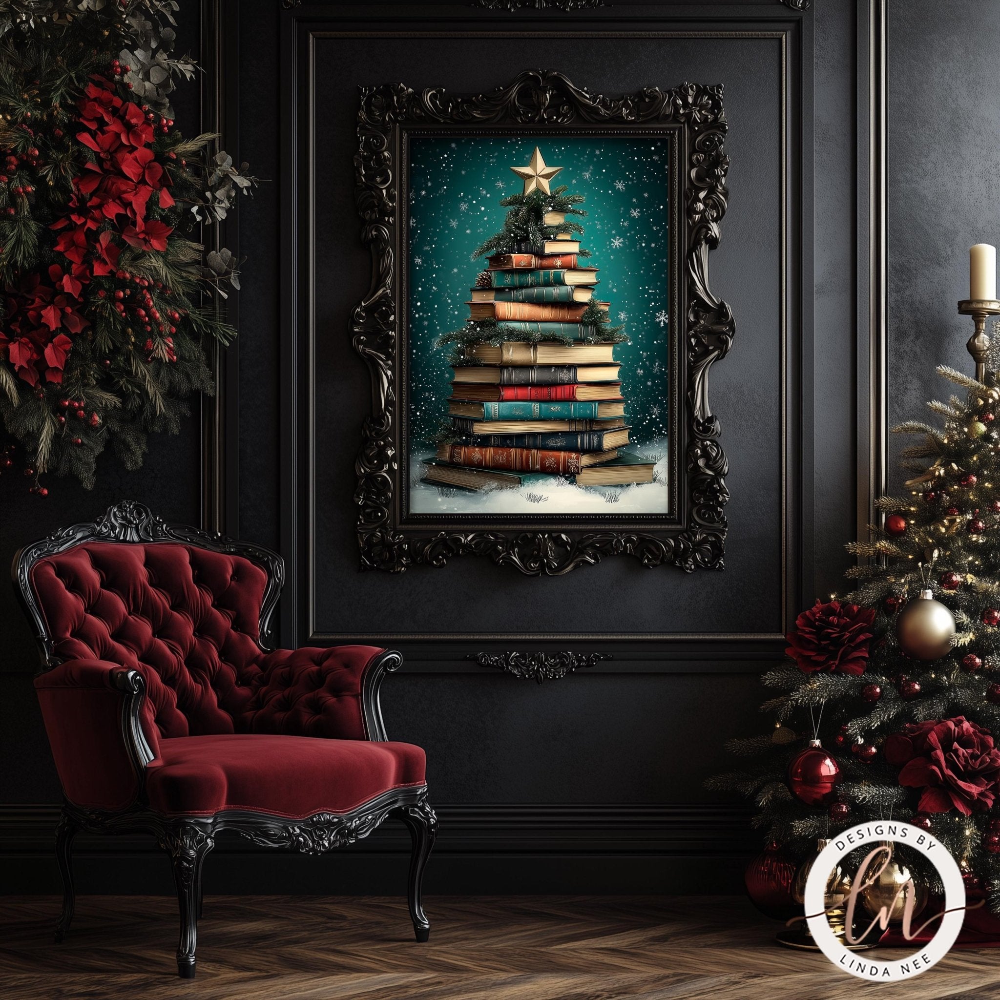 Book Christmas Tree Print - Dark Academia Library Wall Art