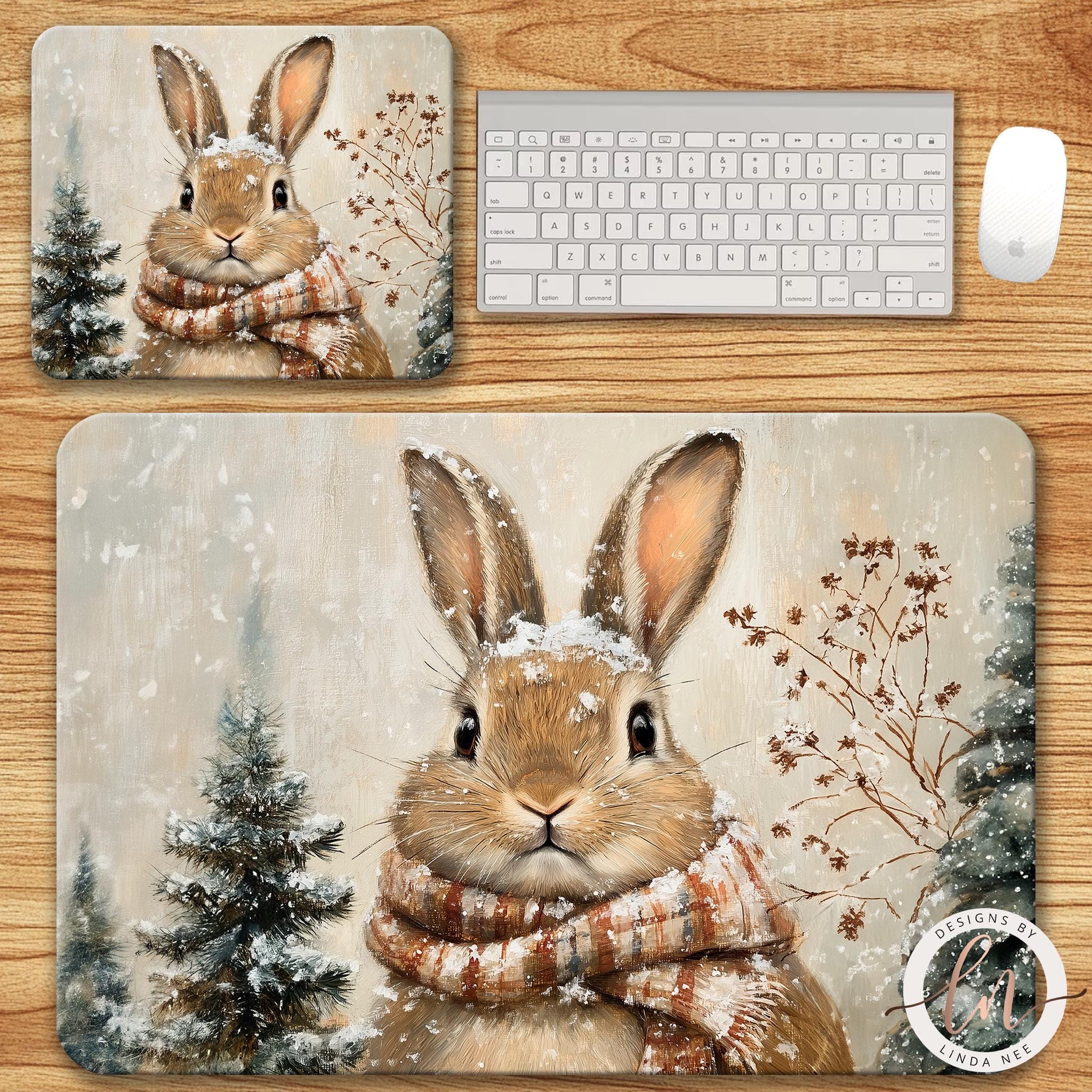 Bunny Mousepad - Winter Forest Christmas Desk Mat Decor