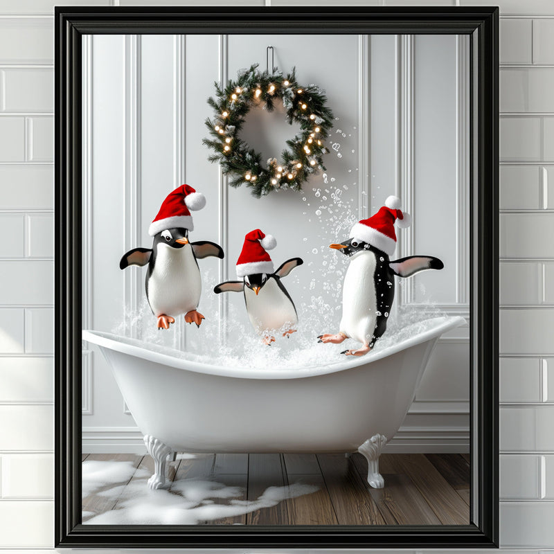 Cute Penguins in a Vintage Tub Christmas Bathroom Wall Art Print - Available on Metal or Fine Art Paper - Designs by Linda Nee