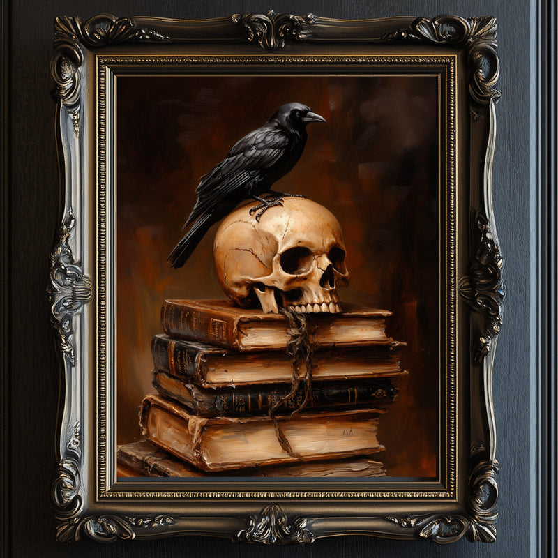 a painting of a skull with a crow on top of it