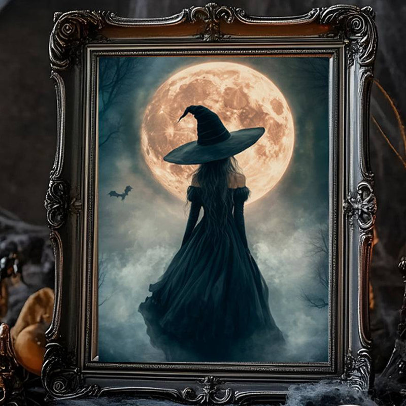 Gothic Witch Full Moon Fantasy Dark Academia Wall Art Print - Available on Metal or Fine Art Paper - Designs by Linda Nee