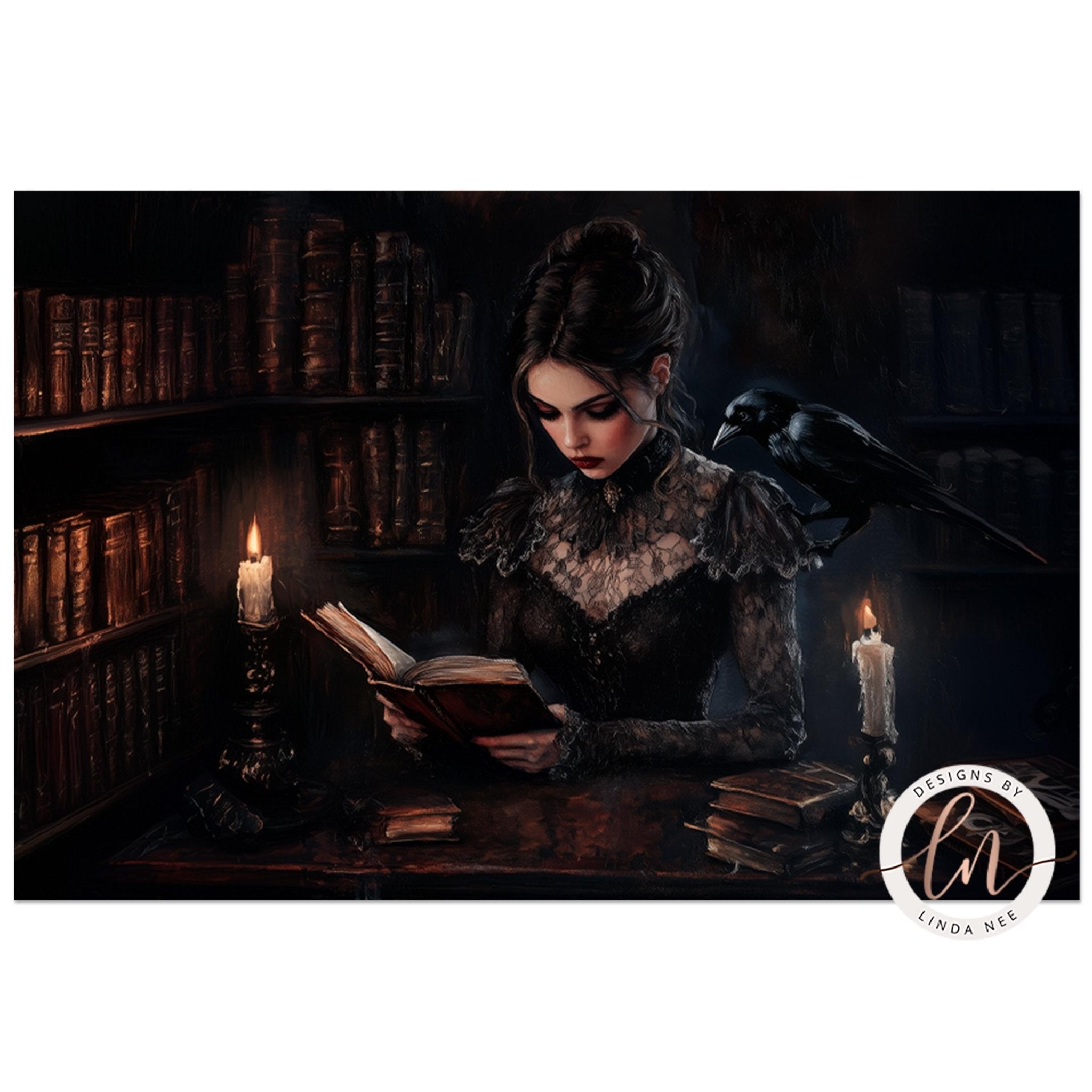 Candlelit Library Woman Reading Print