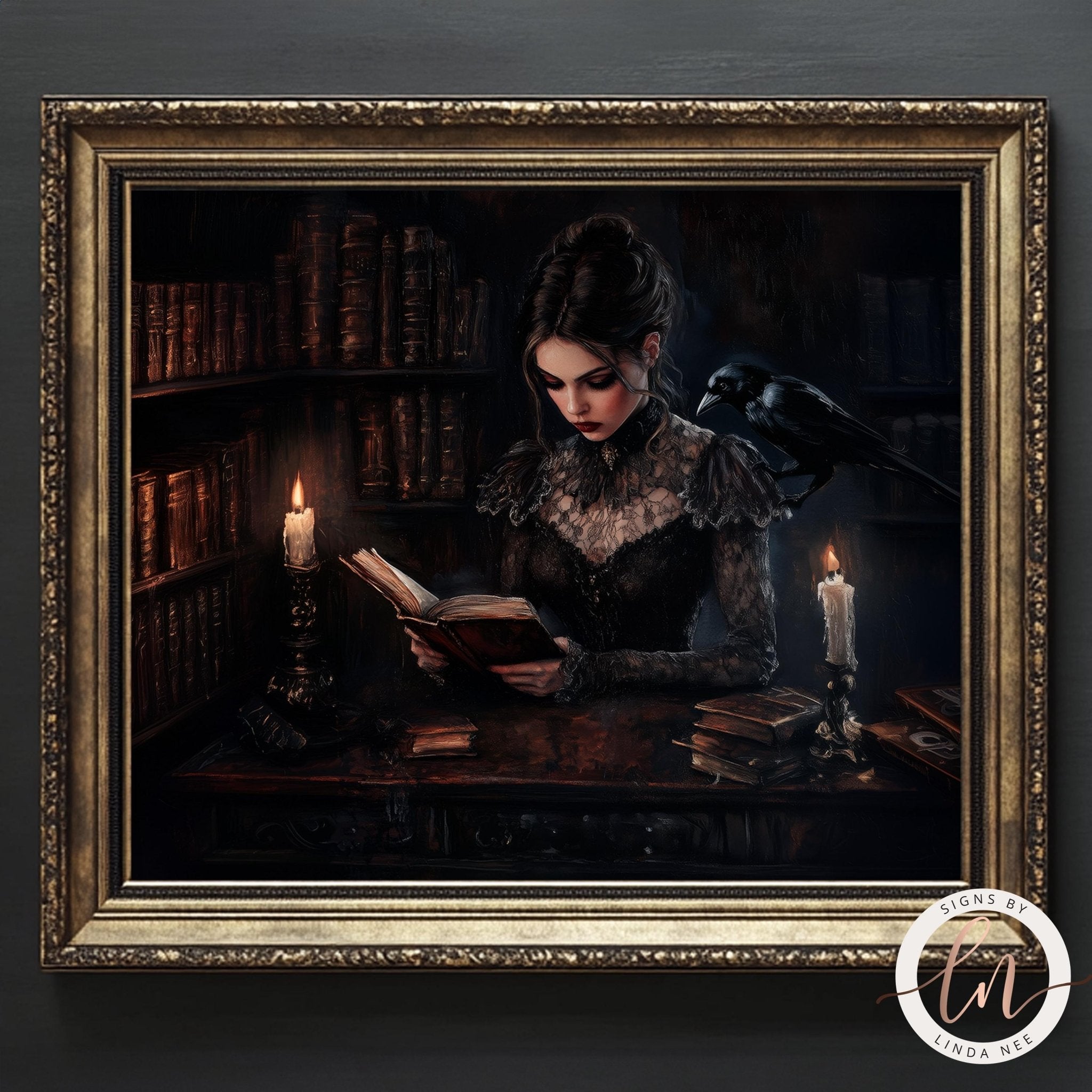 Candlelit Library Woman Reading Print